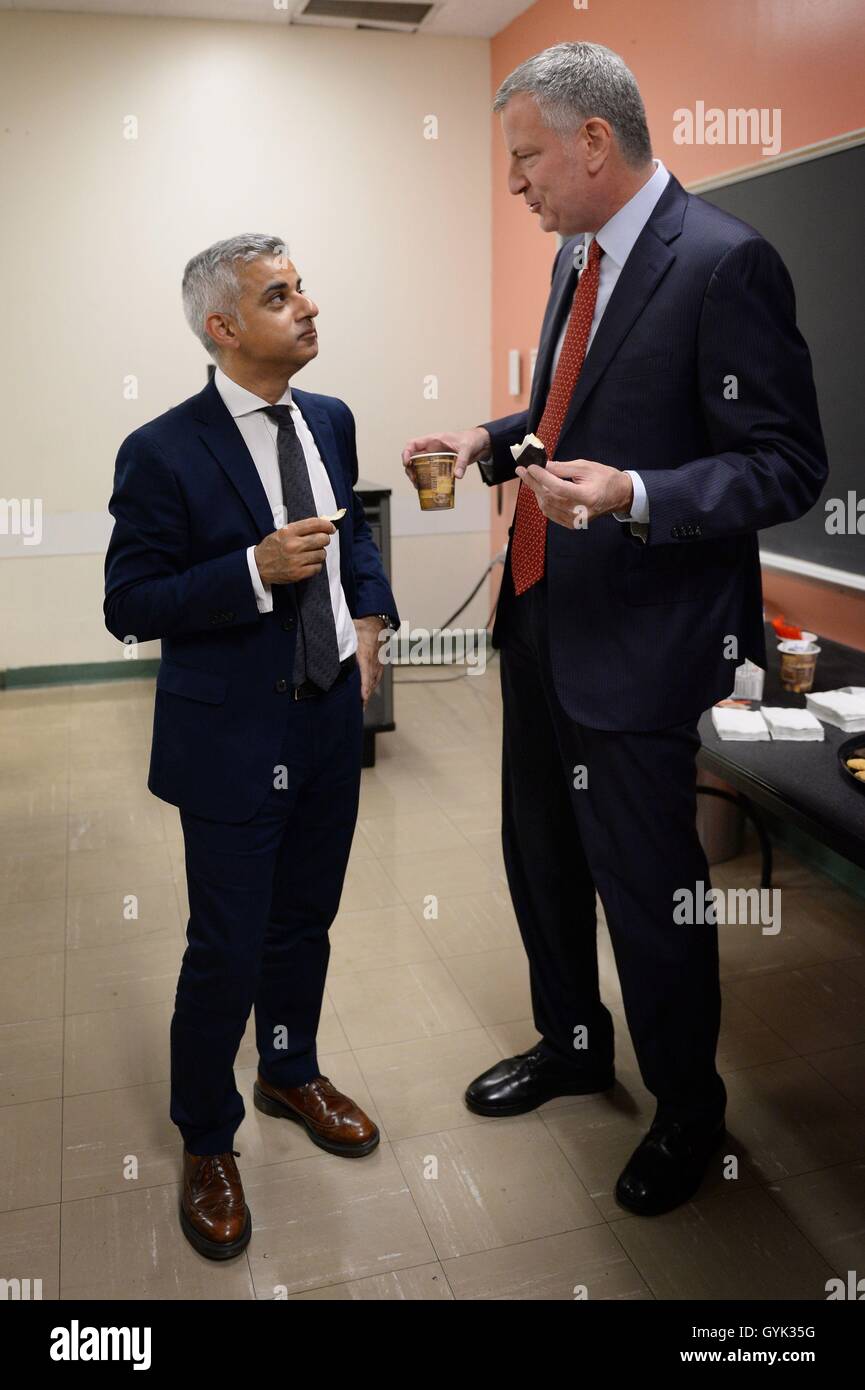 Mayor of London Sadiq Khan (left) meets his New York counterpart Mayor Bill de Blasio to address a Muslim American Community reception with an audience of 100 community leaders at LaGuardia Community College in New York City (NYC) during a three day visit to the US capital as part of his visit to North America. Stock Photo
