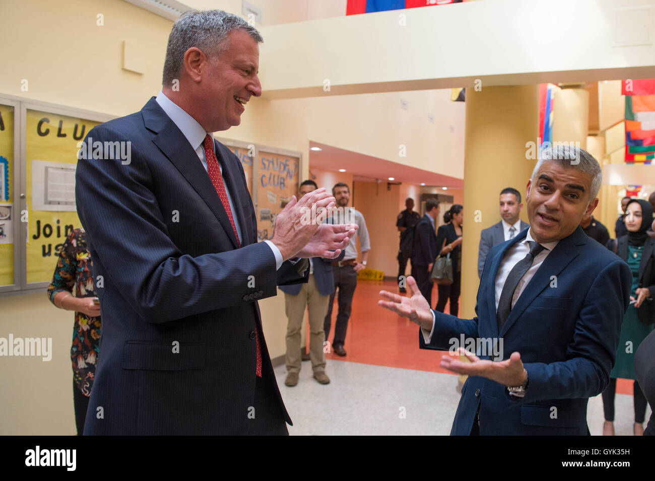 Mayor of London Sadiq Khan (right) meets his New York counterpart Mayor Bill de Blasio to address a Muslim American Community reception with an audience of 100 community leaders at LaGuardia Community College in New York City (NYC) during a three day visit to the US capital as part of his visit to North America. Stock Photo
