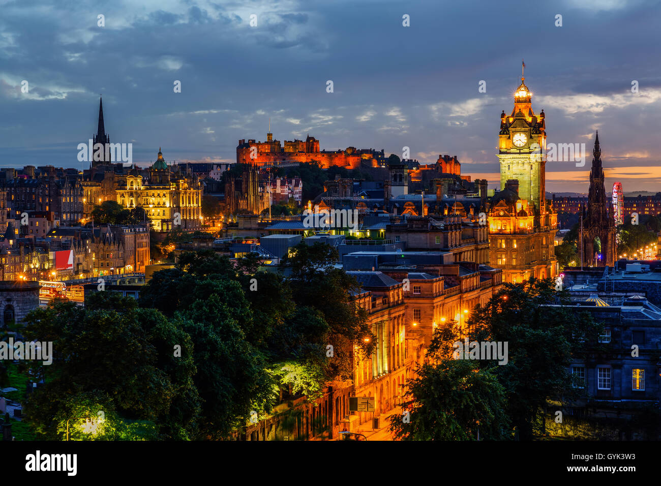 cityscape of Edinburgh, Scotland, at night, viewed from Calton Hill Stock Photo