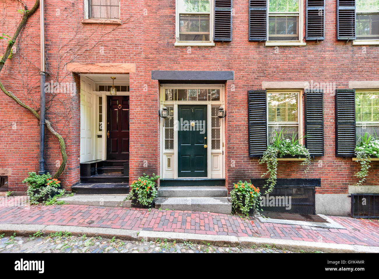 Acorn Street in Boston, Massachusetts. It is a narrow lane paved with