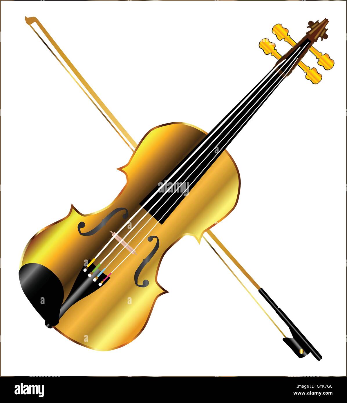 A golden violin and bow isolated over a white background Stock Vector