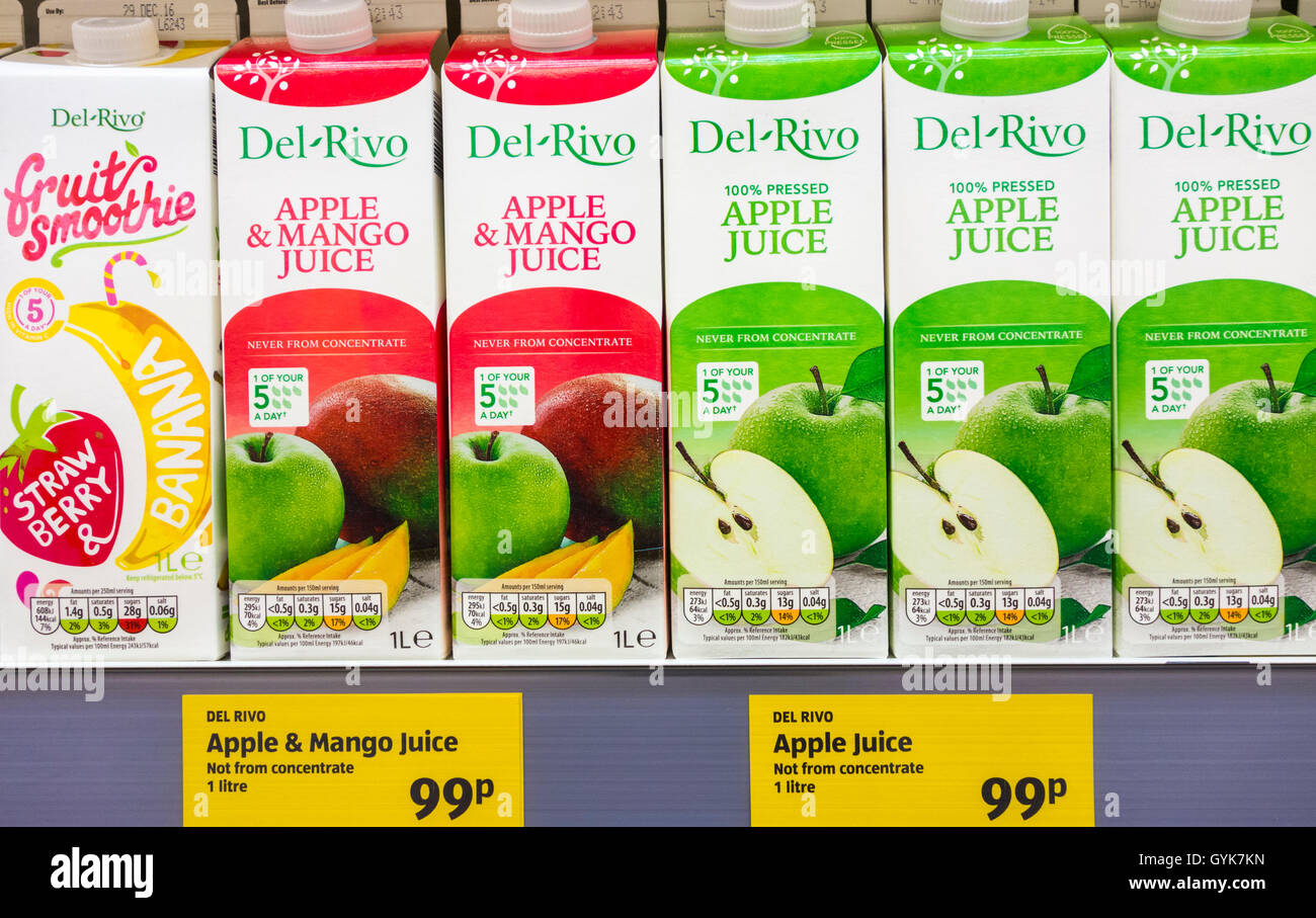 Del Rivo fruit juices in Aldi supermarket. England, UK Stock Photo ...