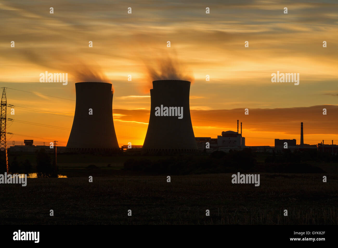 The cooling towers at night, nuclear power generation plant, Temelin ...