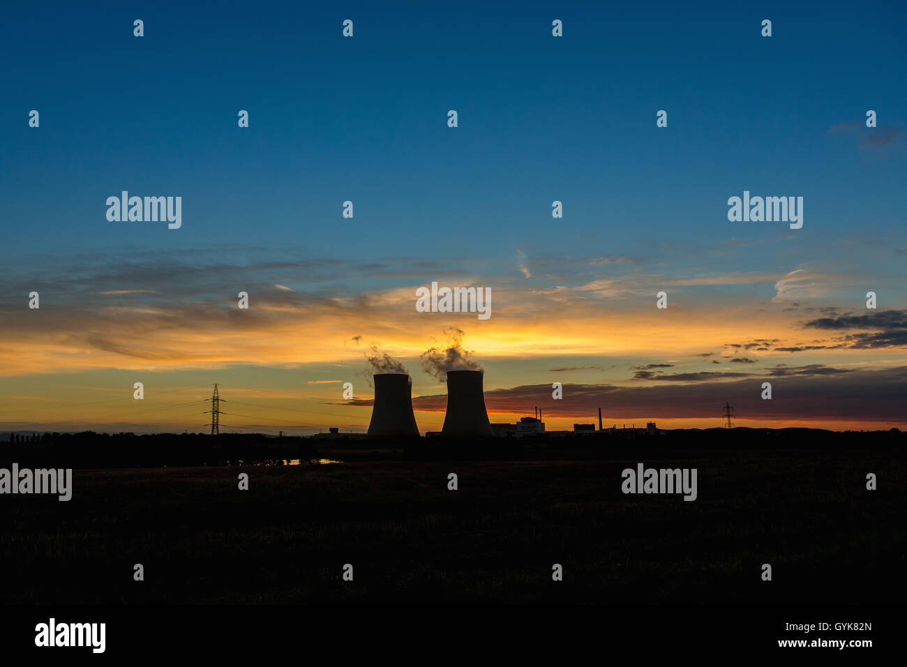 The cooling towers at night, nuclear power generation plant, Temelin ...