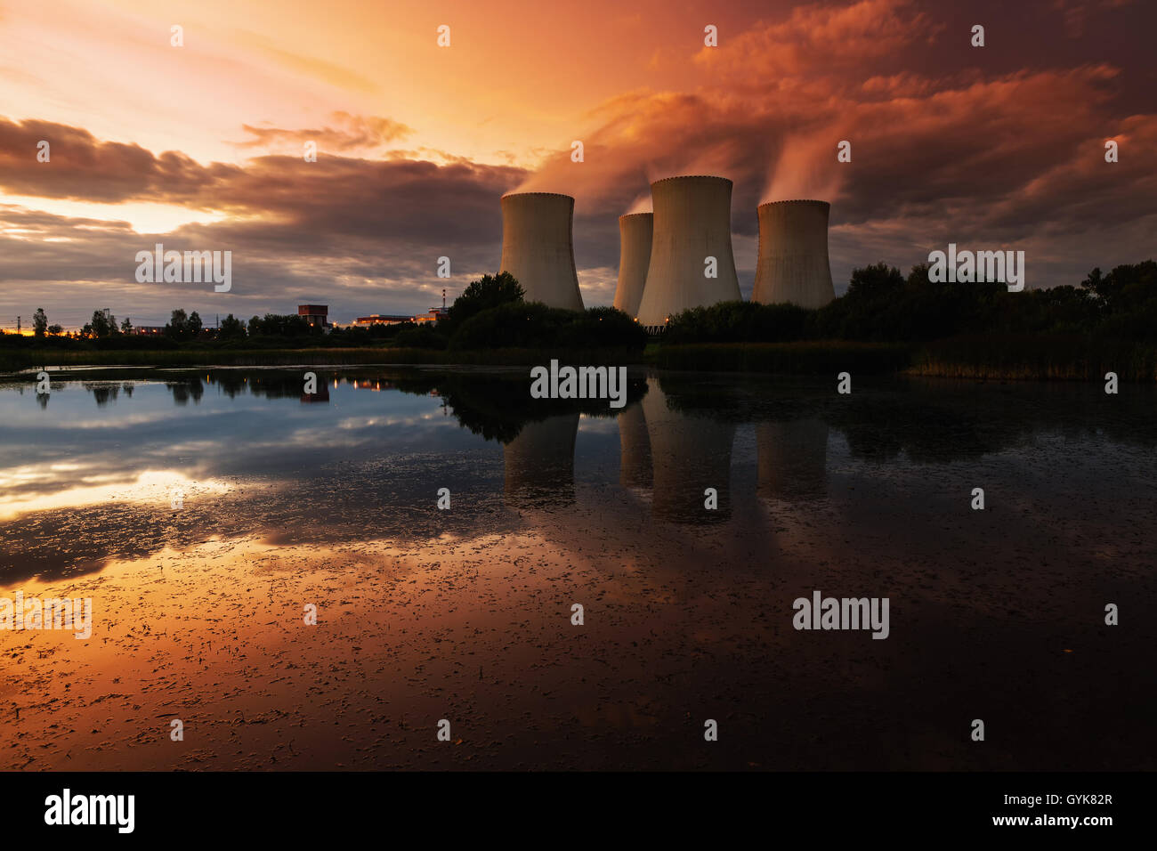 The cooling towers at night, nuclear power generation plant, Temelin ...