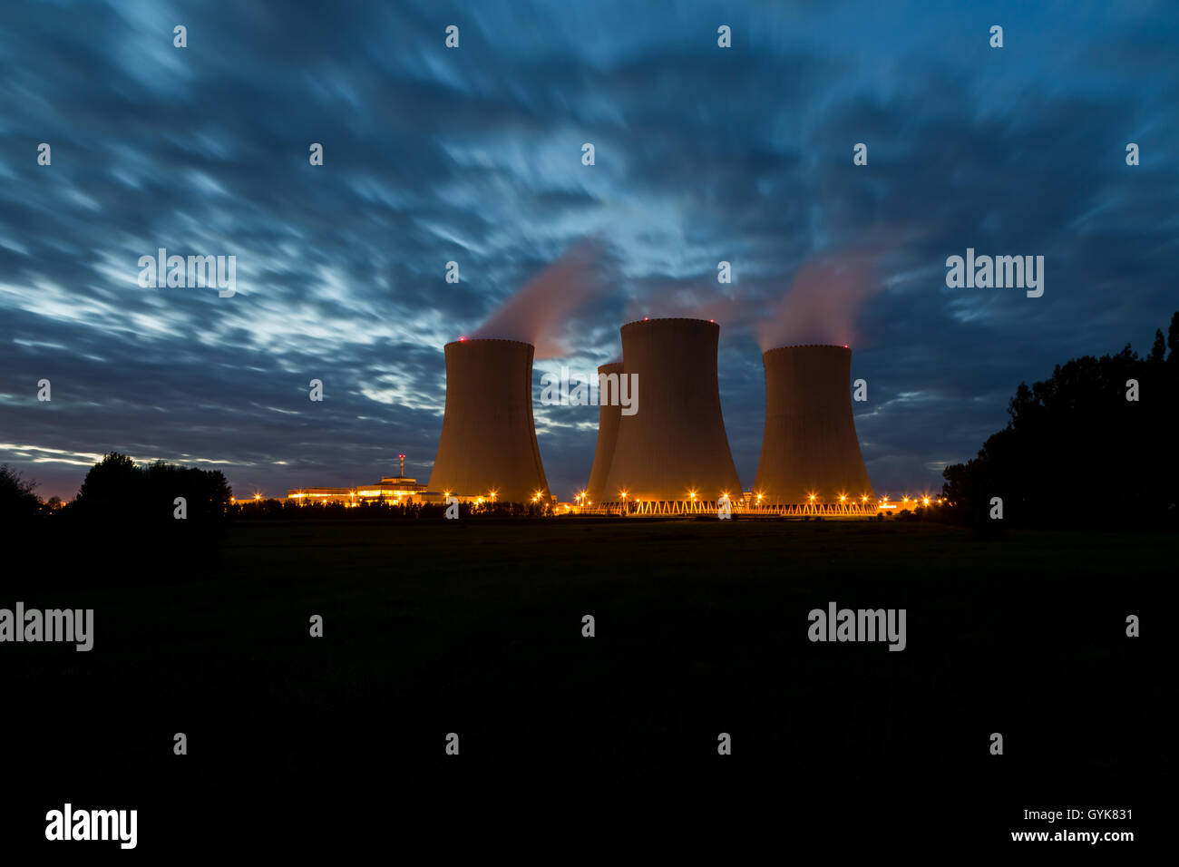 The cooling towers at night, nuclear power generation plant, Temelin, Czech Republic Stock Photo