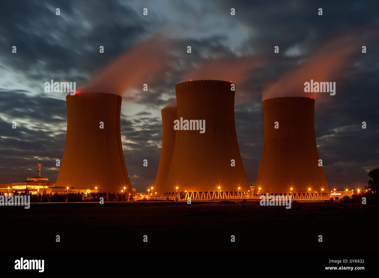 The cooling towers at night, nuclear power generation plant, Temelin ...