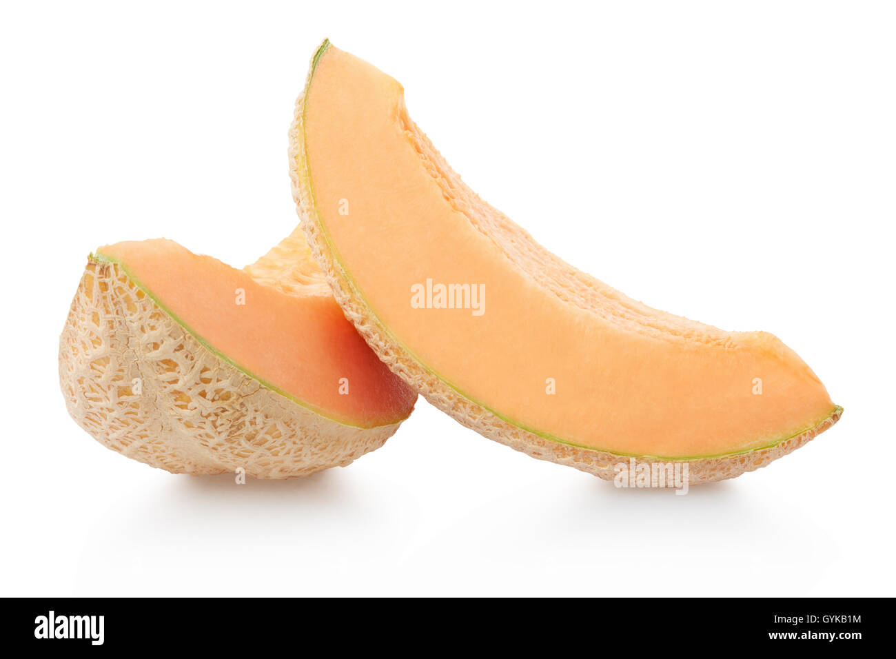 Cantaloupe melon slices on white, clipping path Stock Photo