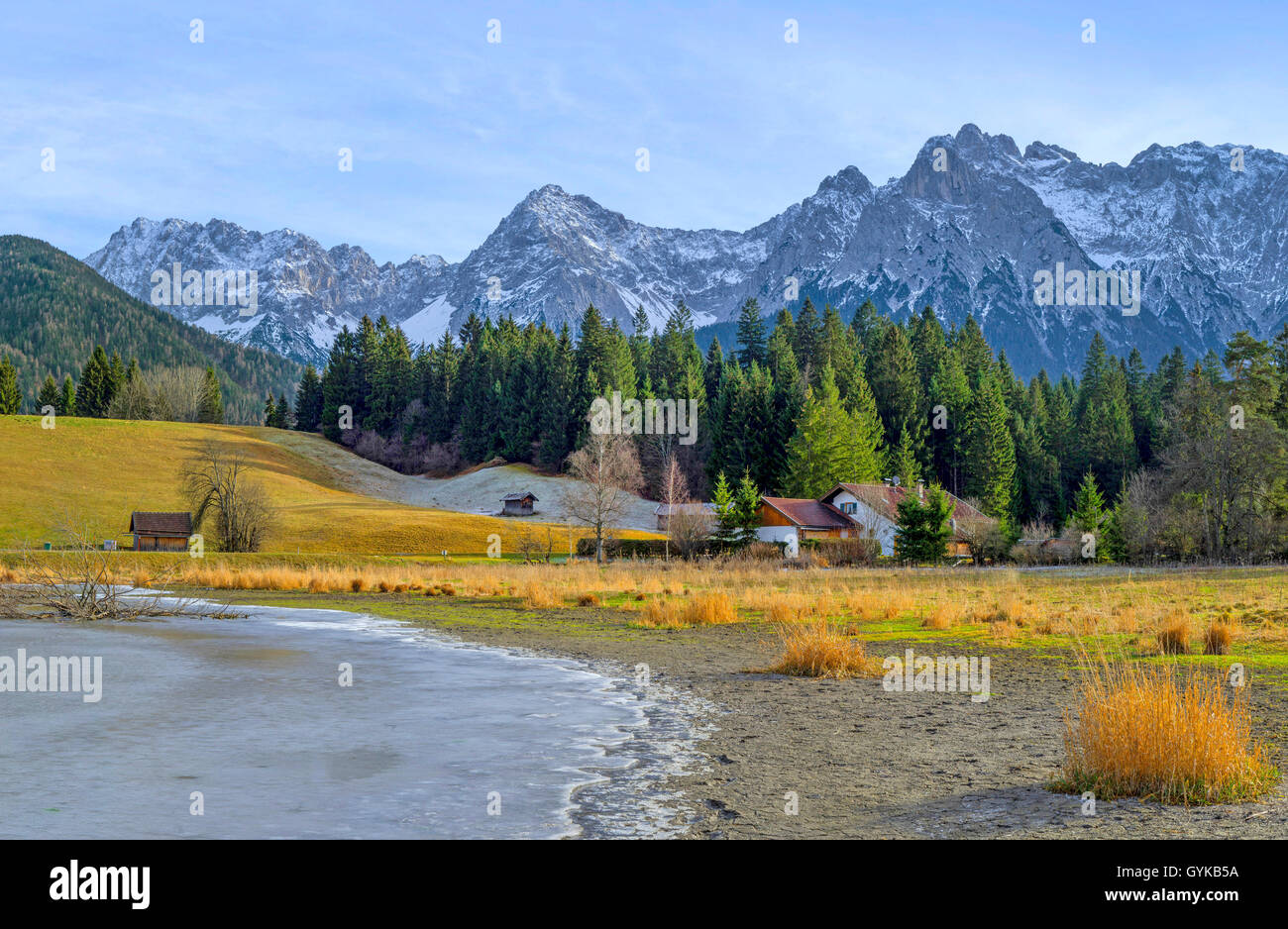 frozen up Schmalsee with view onto Woerner Group (Karwendel mountain range), Germany, Bavaria, Oberbayern, Upper Bavaria, Region Mottenwald Stock Photo