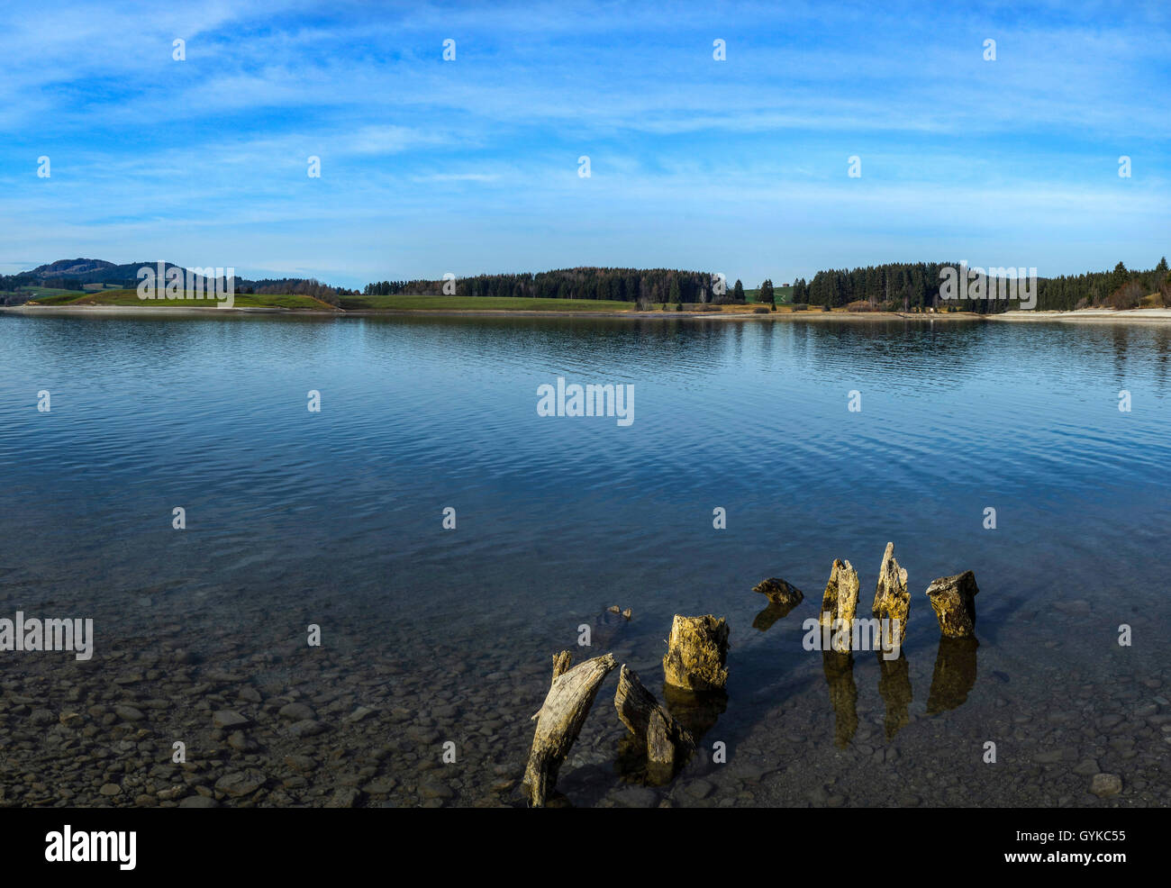 lake Forggensee and Senkele Kopf mountain in background, Germany, Bavaria, Oberbayern, Upper Bavaria, Ostallgaeu Stock Photo