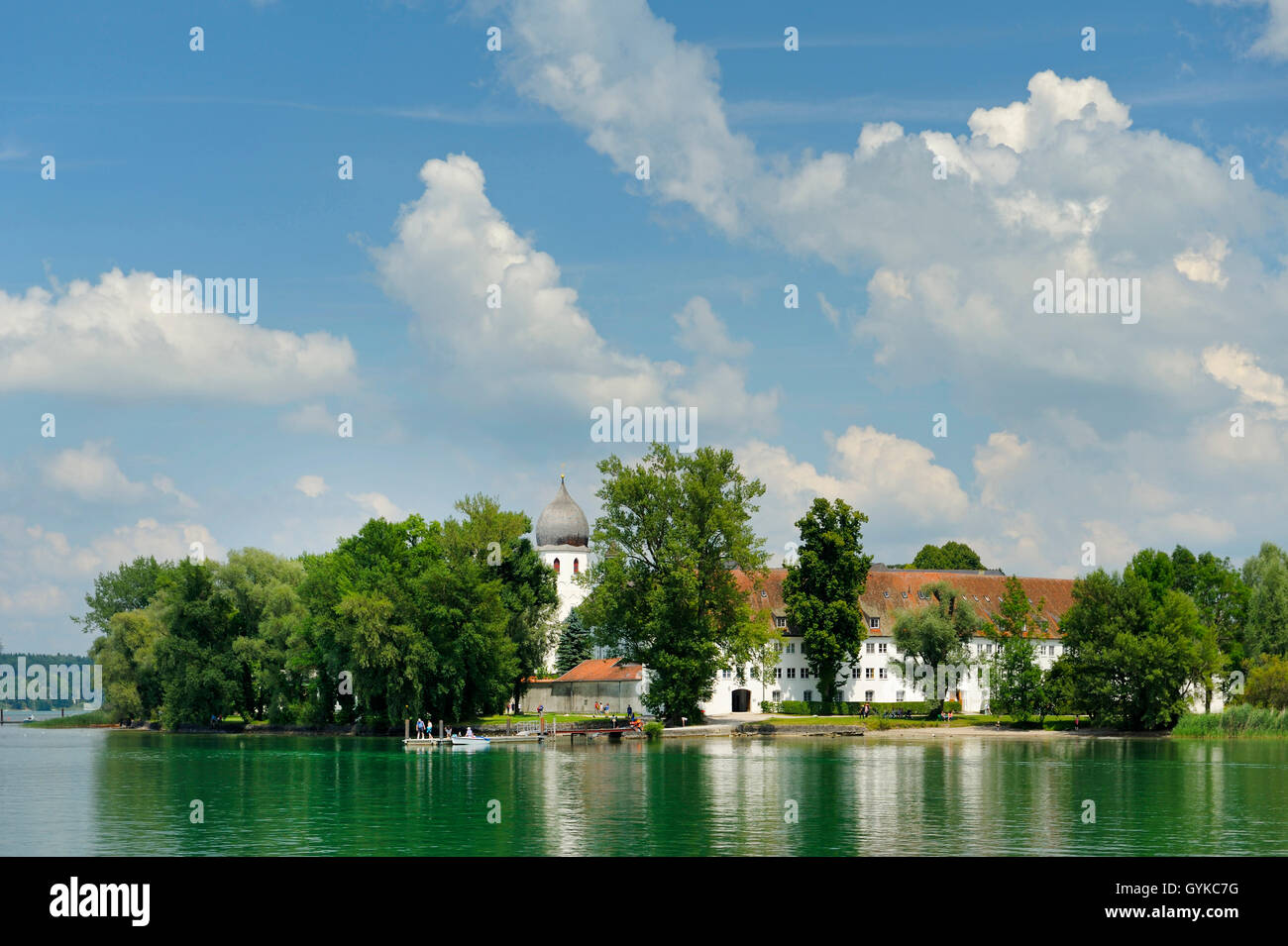 view onto Frauenchiemsee with the bell tower of the cloister church, Germany, Bavaria, Fraueninsel Stock Photo