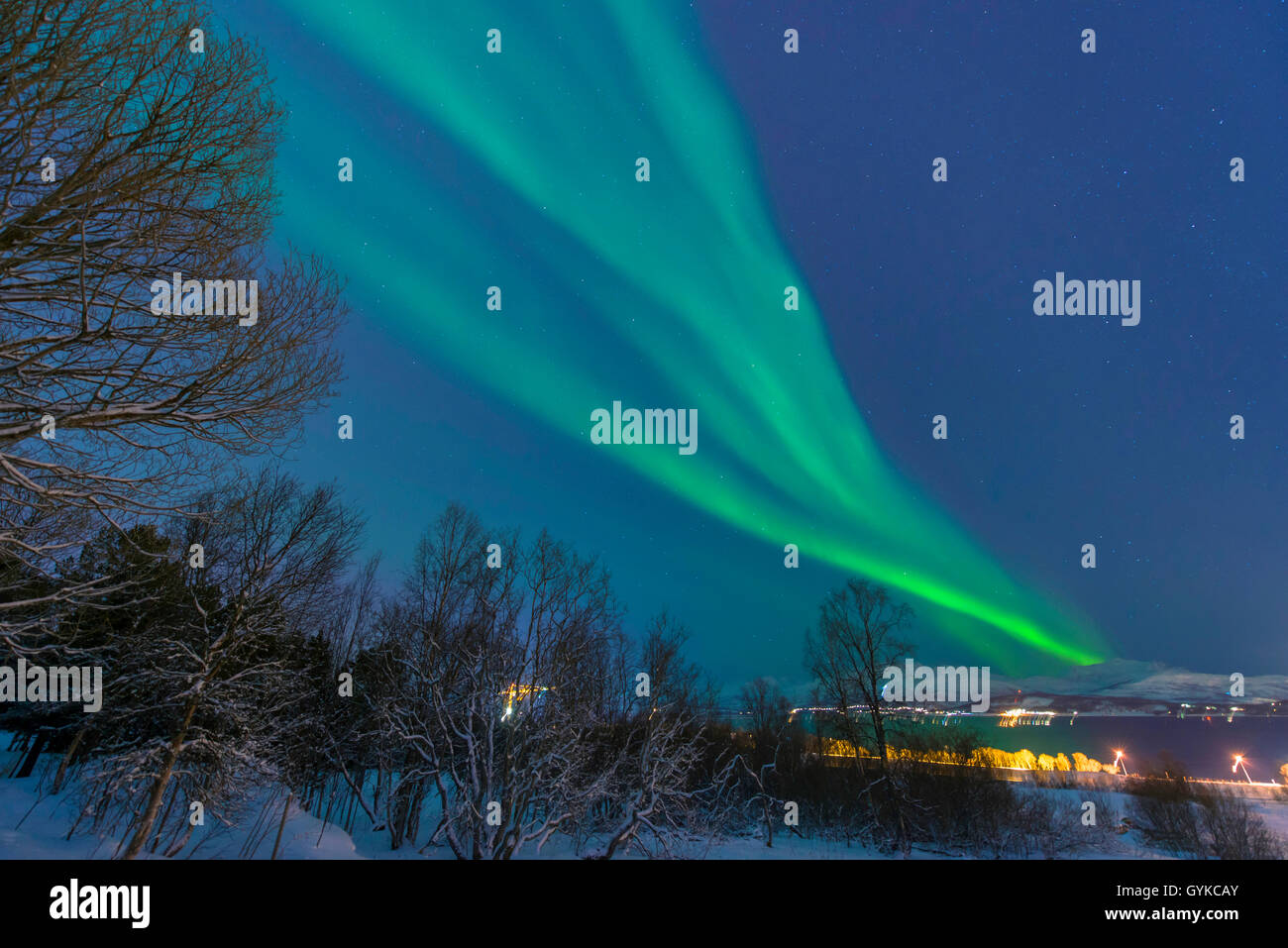 aurora over island Kvaloya, Norway, Troms, Kvaloeya, Tromsoe Stock Photo