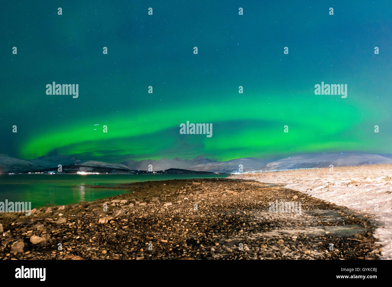 aurora ring over island Kvaloya, Norway, Troms, Kvaloeya, Tromsoe Stock Photo