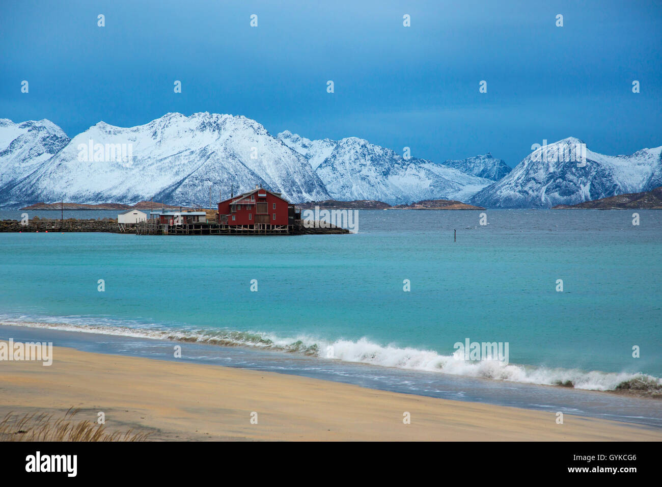 Skaland Beach with white coral sand beach, Norway, Fylke Troms Stock Photo