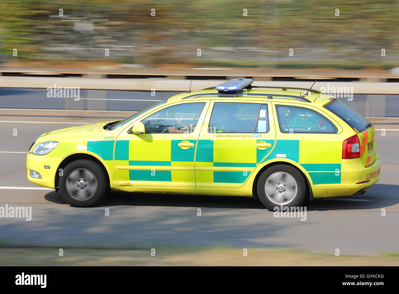 London Ambulance Service car driving near London Heathrow Airport Stock