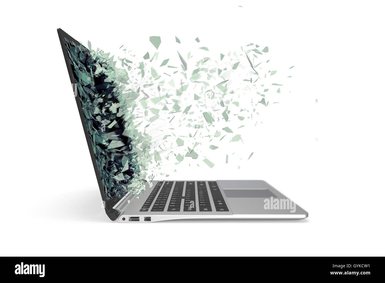 Modern metal laptop with broken screen isolated on white background. 3d illustration Stock Photo