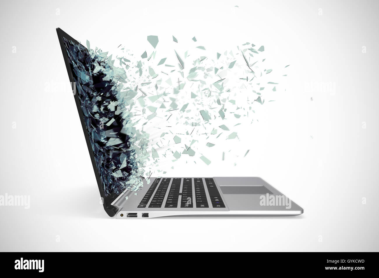 Modern metal laptop with broken screen isolated on white background. 3d ...