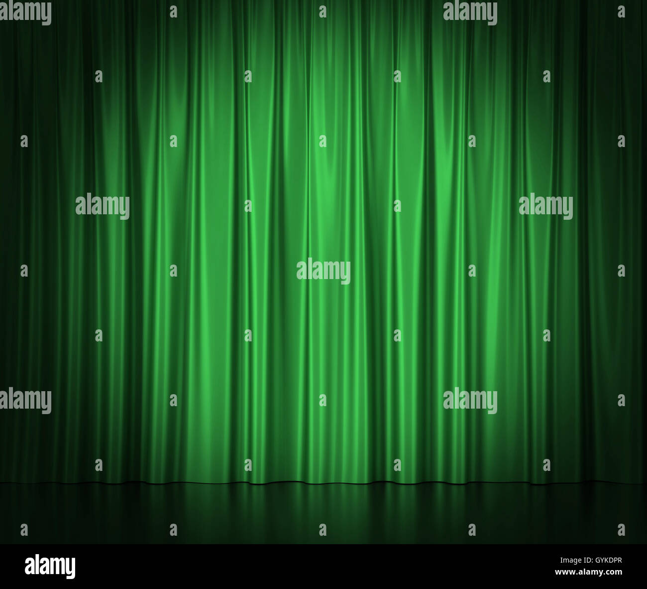 Green silk curtains for theater and cinema spotlit light in the center. 3d illustration Stock Photo