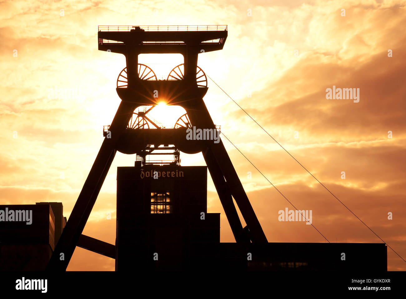 headgear of Zollverein Coal Mine Industrial Complex at sunset, Germany, North Rhine-Westphalia, Ruhr Area, Essen Stock Photo