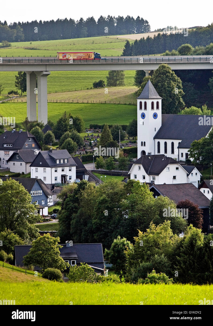 Bleche village and A45 motorway bridge, Germany, North Rhine-Westphalia, Sauerland, Drolshagen Stock Photo