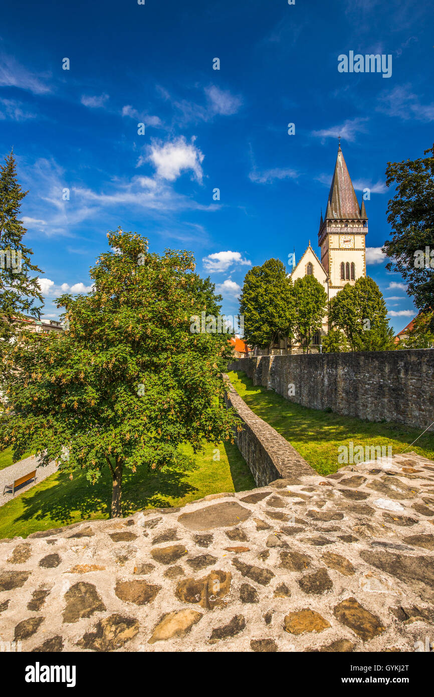 Monumental Church of St. Aegidius in Bardejov old city center with park, Bardejov, Slovakia. Stock Photo