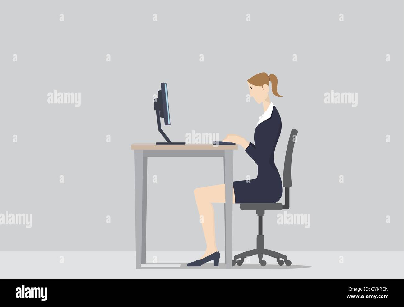 A woman working at her office desk, in front of computer. Stock Vector