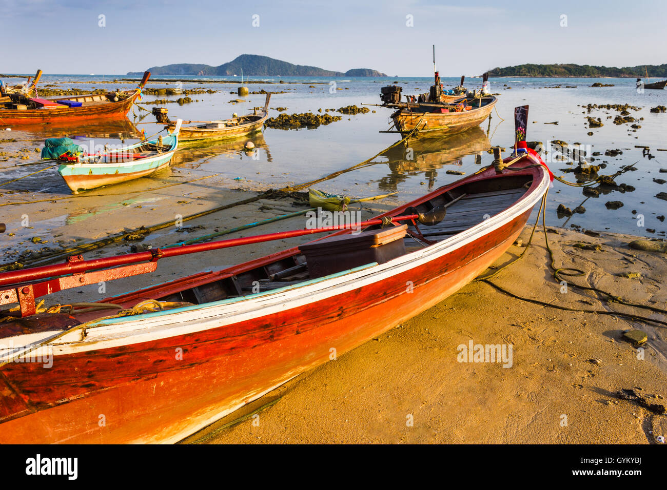 Fishing boats on the sea shore in Thailand Stock Photo
