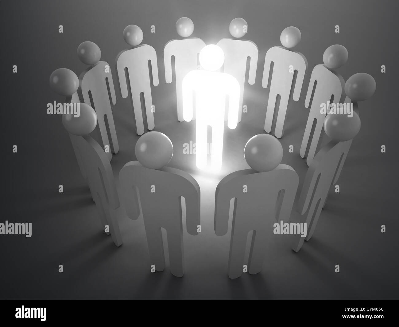 Creativity idea metaphor. One shining man stand in round of ordinary people, 3d illustration Stock Photo