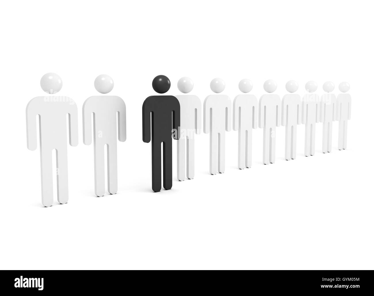 Row of abstract white people with one black outstanding figure, 3d illustration Stock Photo