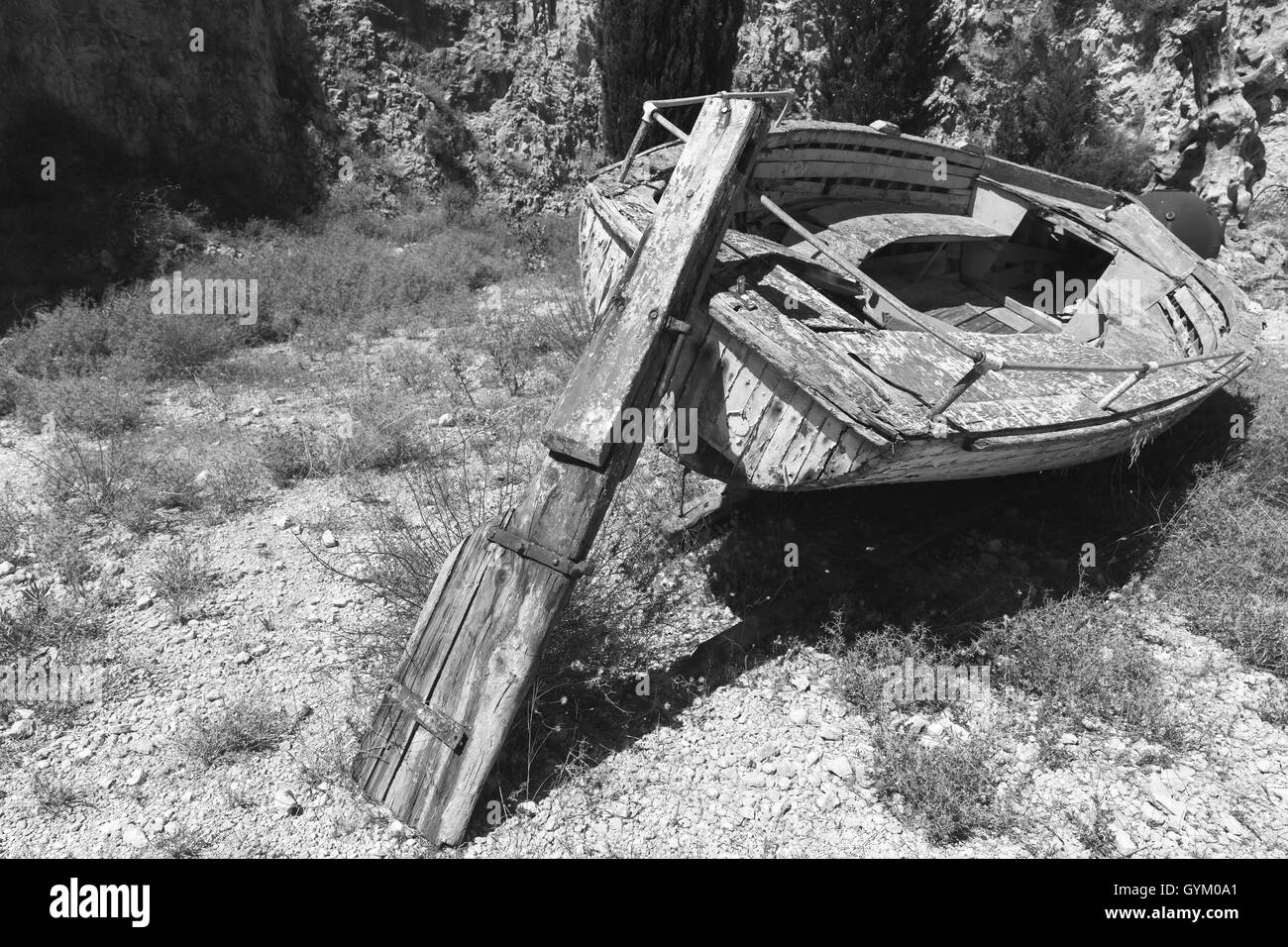 Old abandoned wooden fishing boat lays in garden. Black and white photo ...