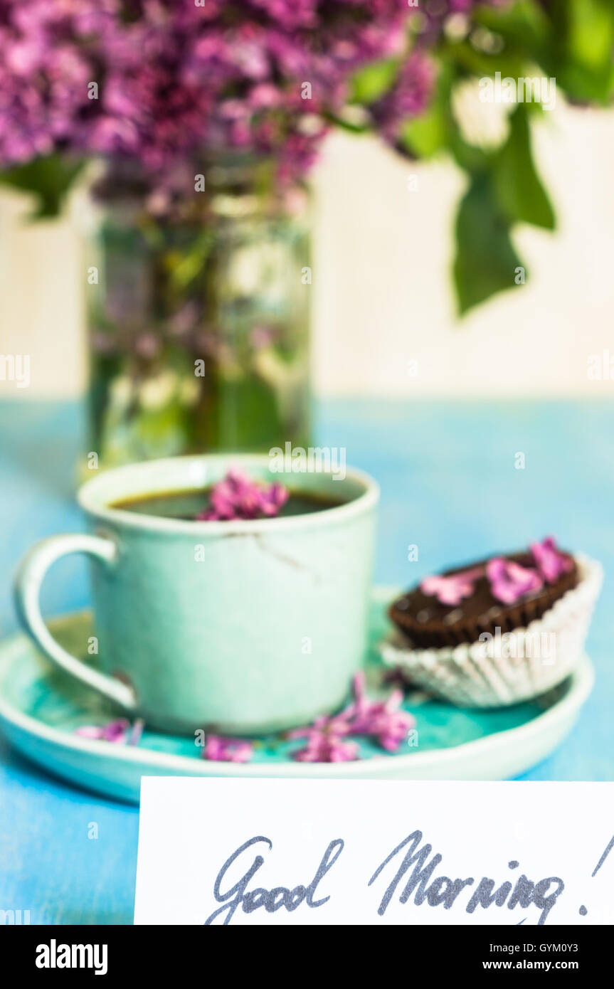 Lilac Flowers And Cup Of Coffee With Good Morning Note On Rustic Stock Photo Alamy