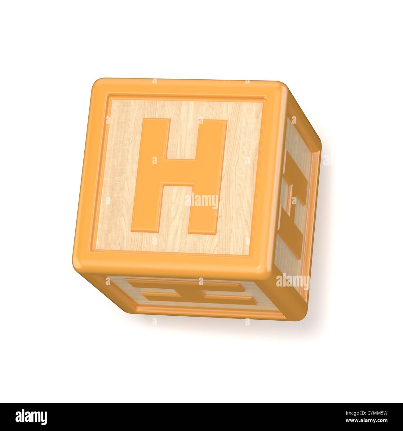 Letter H wooden alphabet blocks font rotated. 3D render illustration isolated on white background Stock Photo