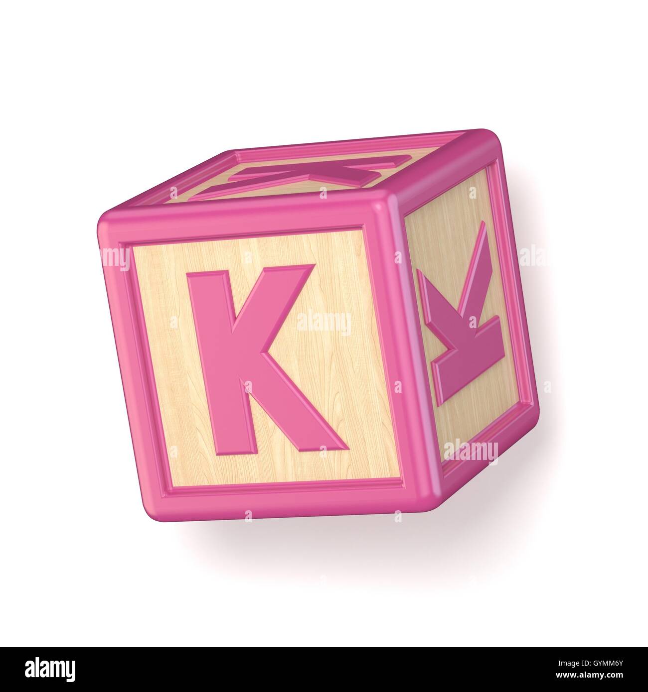 Letter K wooden alphabet blocks font rotated. 3D render illustration