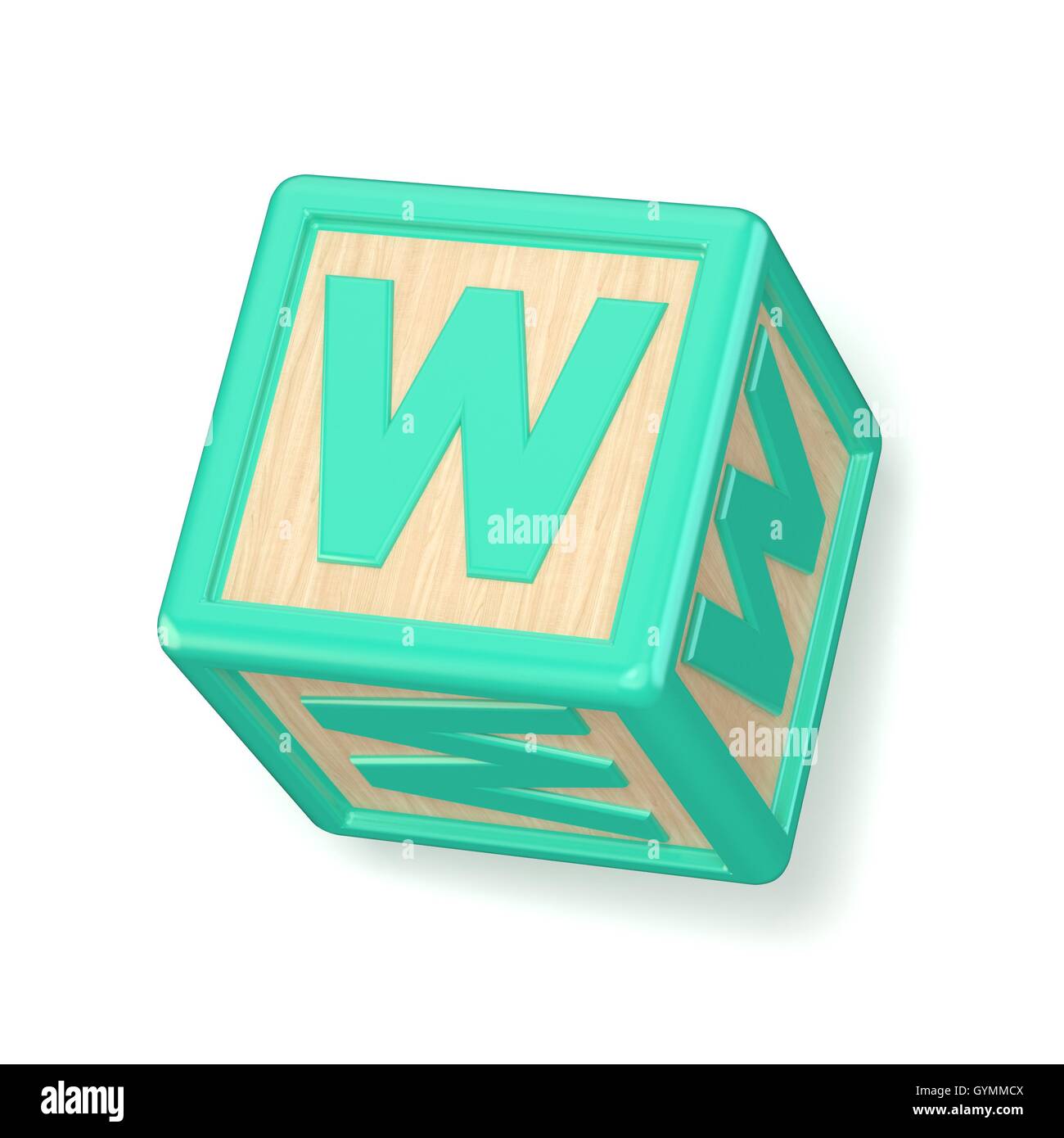 Letter W wooden alphabet blocks font rotated. 3D render illustration isolated on white background Stock Photo