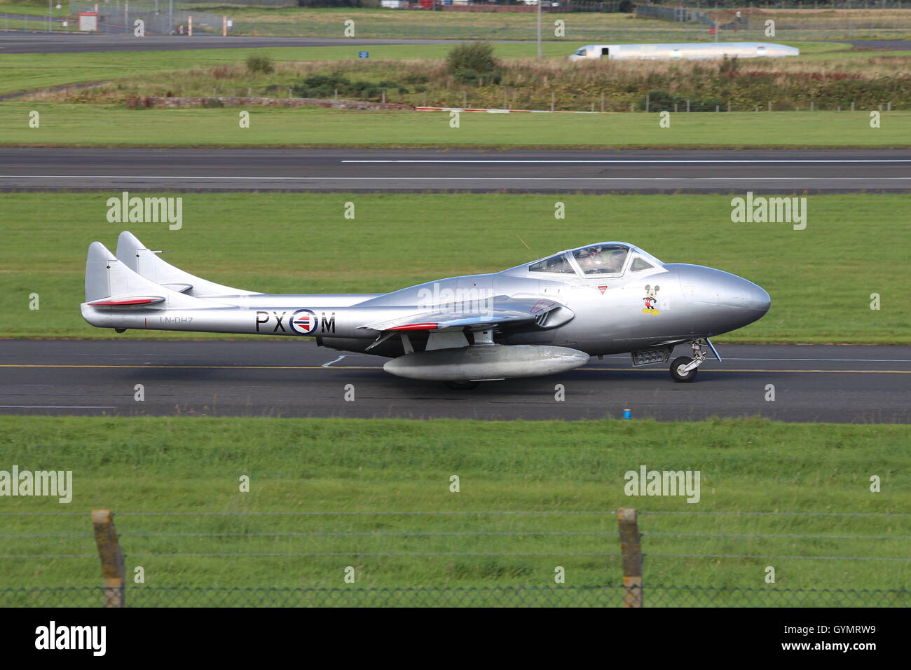 LN-DHZ, a de Havilland Vampire T55 from the Royal Norwegian Air Force Historical Squadron, taxis for departure at Prestwick. Stock Photo