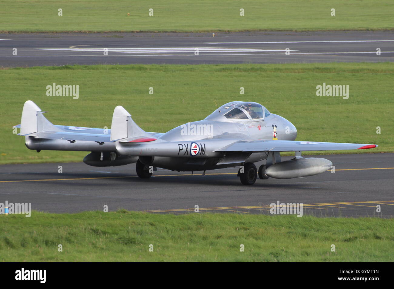 LN-DHZ, a de Havilland Vampire T55 from the Royal Norwegian Air Force Historical Squadron, taxis for departure at Prestwick. Stock Photo
