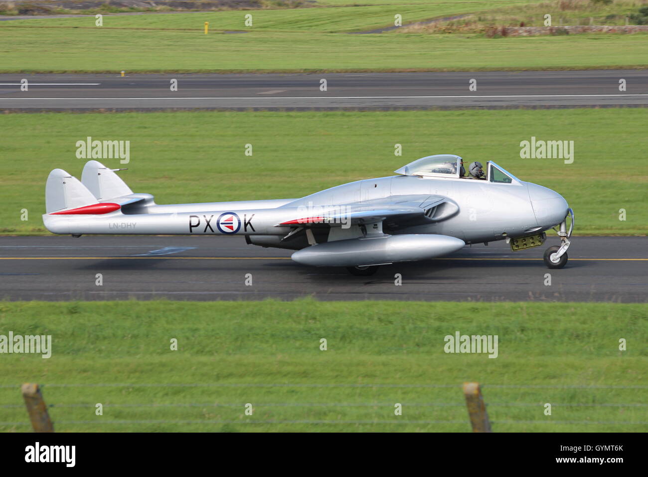 LN-DHY, a de Havilland Vampire FB52 from the Royal Norwegian Air Force Historical Squadron, taxis for departure at Prestwick. Stock Photo