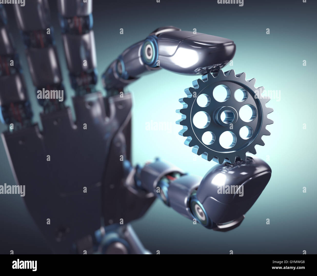 3D illustration. Robotic hand holding a gear. Concept of mechanical engineering and automation. Stock Photo