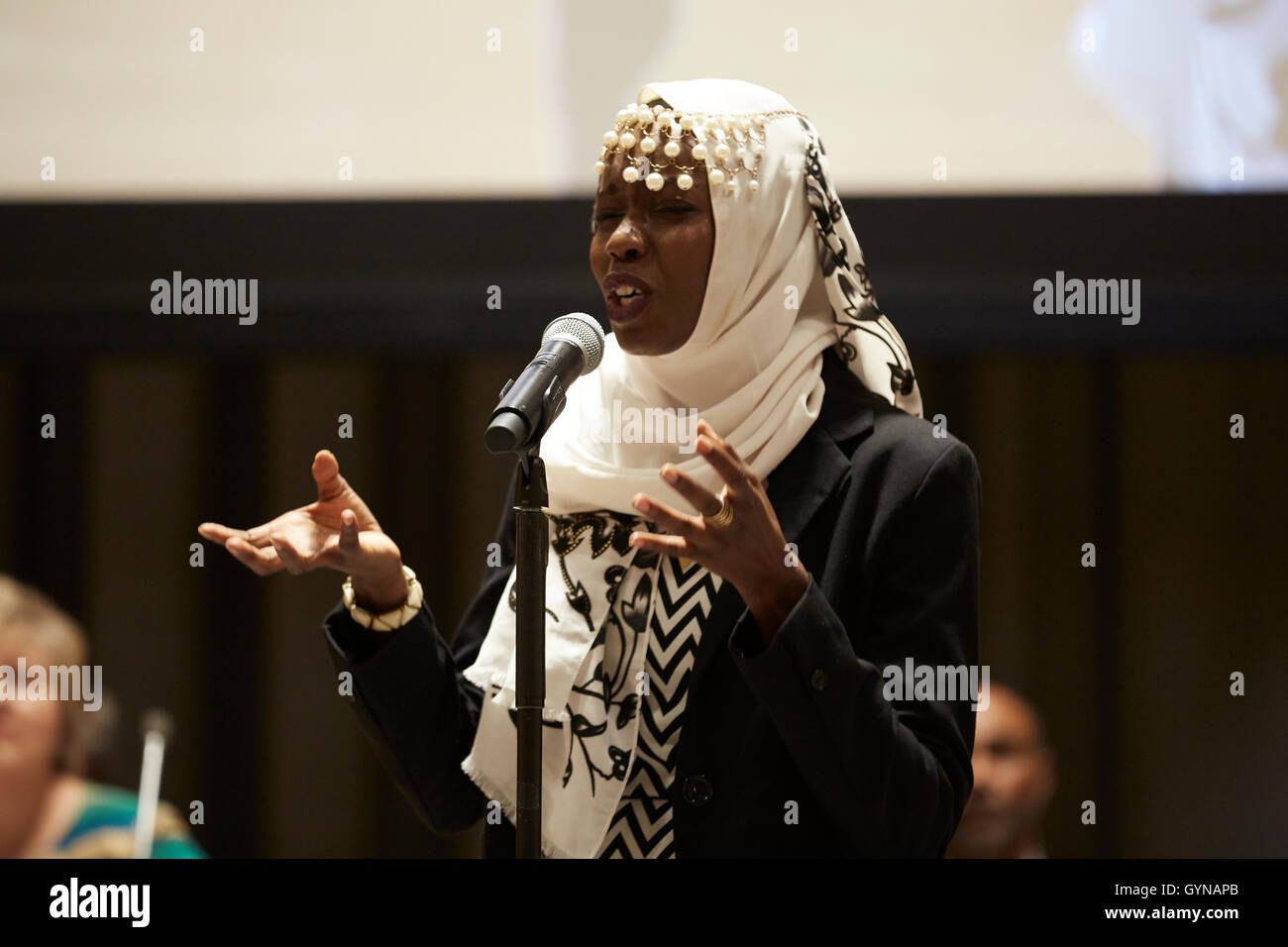 New York, United States. 18th Sep, 2016. US: United Nations Headquarters, New York, 18 September, 2016 THE LAUNCH OF THE REPORT BY THE INTERNATIONAL COMMISSION ON FINANCING GLOBAL EDUCATION OPPORTUNITY, Ms. Emi Mahmoud, renowned Sudanese poet gives a reading of her work. Credit:  Mark Sullivan/Alamy Live News Stock Photo