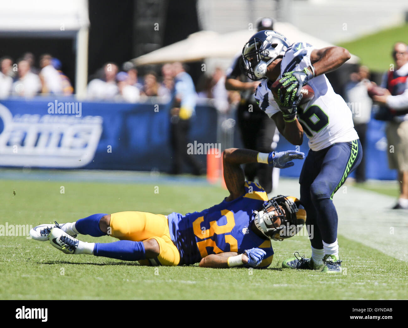 Los Angeles Rams tight end Jacob Harris (87) and defensive tackle Bobby  Brown III (95) participate in drills at the NFL football team's practice  facility in Irvine, Calif. Sunday, July 31, 2022. (