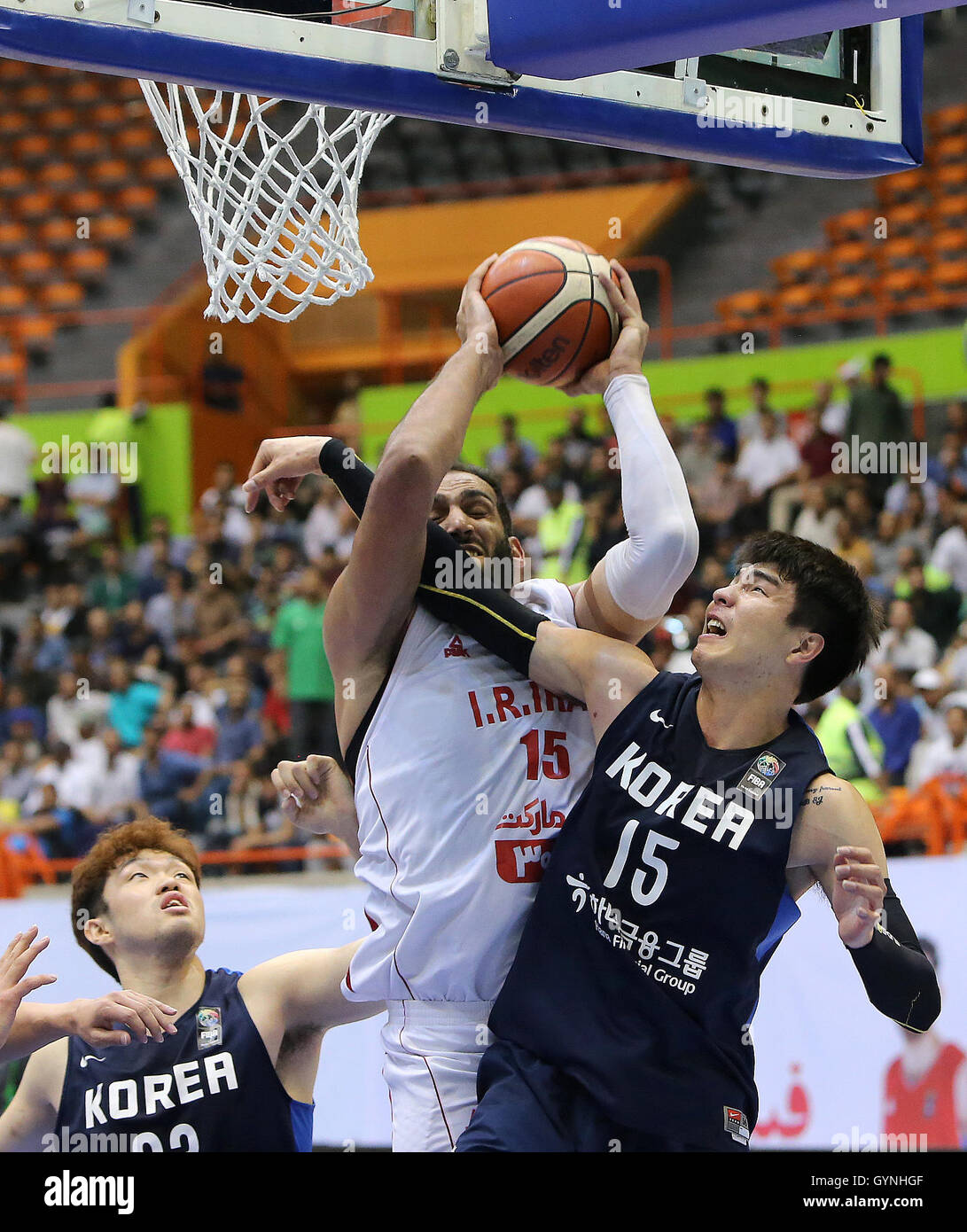 Tehran, Iran. 18th Sep, 2016. Hamed Haddadi (Top) of Iran goes up for a