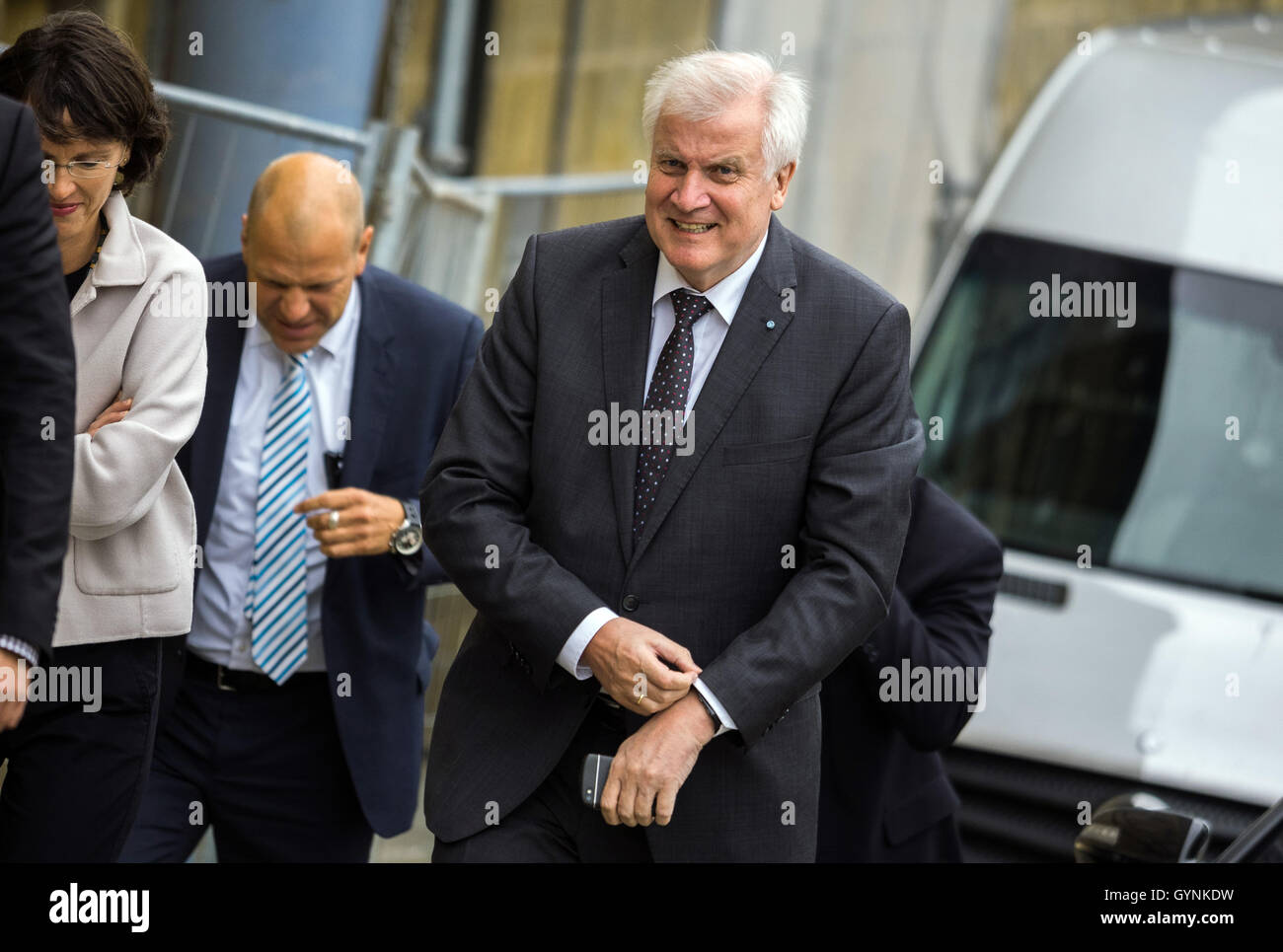 The Bavarian State Prime Minister, Horst Seehofer (CSU), arrives at at Kloster Banz near Bad Staffelstein, Germany, 19 Septemeber 2016. The traditional Autumn meeting of the CSU on Kloster Banz place this year under the motto 'Freiheit braucht Sicherheit' (lt.'Freedom needs security') and is running until 22 September 2016. Photo: NICOLAS ARMER/dpa Stock Photo
