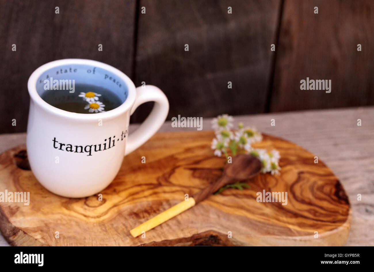 Chamomile tea with chamomile daisy flowers in a hot white cup on a ...