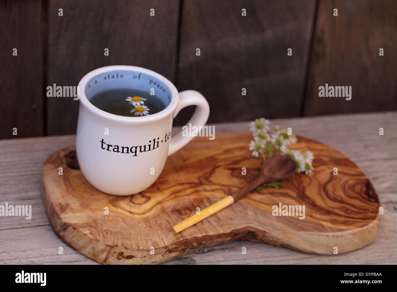Chamomile tea with chamomile daisy flowers in a hot white cup on a ...