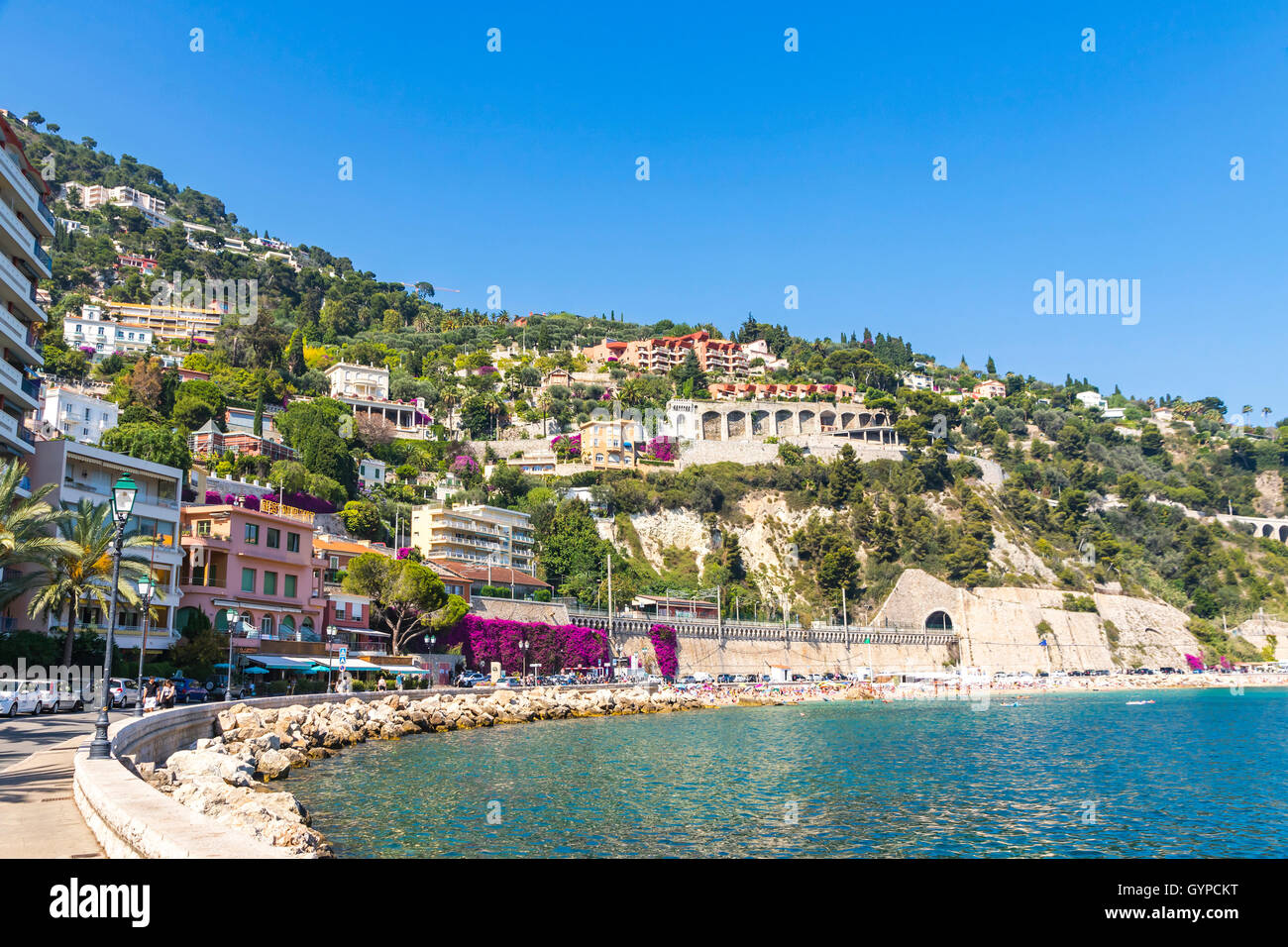 Summer coastline and beach in Villefranche-sur-Mer, luxury resort near ...