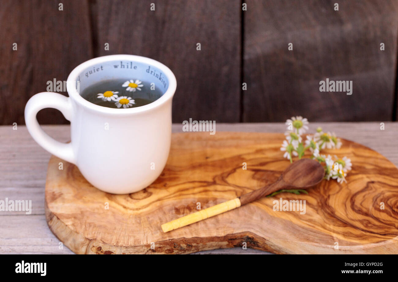 Chamomile tea with chamomile daisy flowers in a hot white cup on a ...