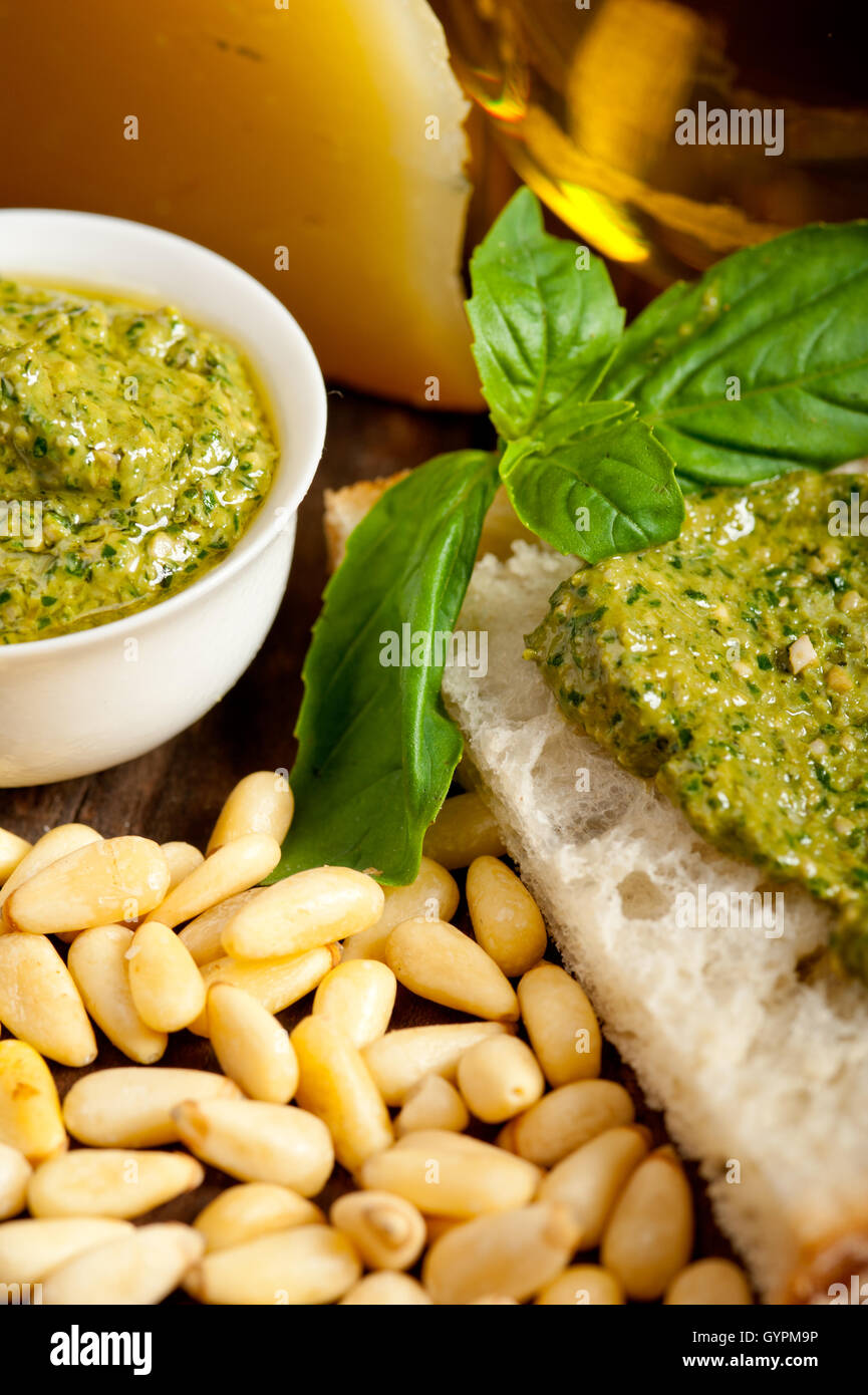 Italian basil pesto bruschetta ingredients Stock Photo Alamy
