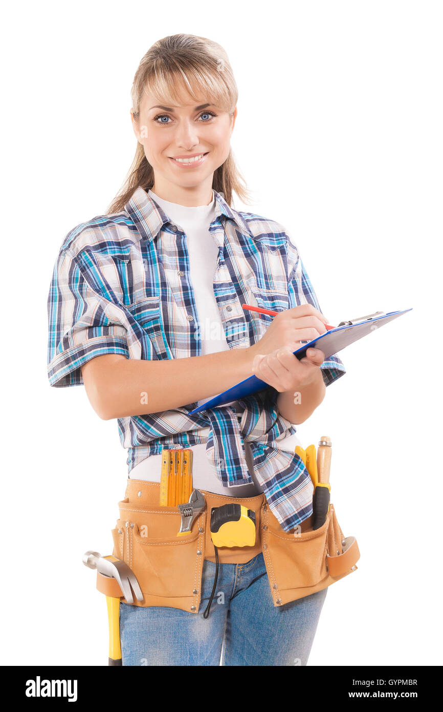 female worker writing in blue clipboard isolated Stock Photo - Alamy