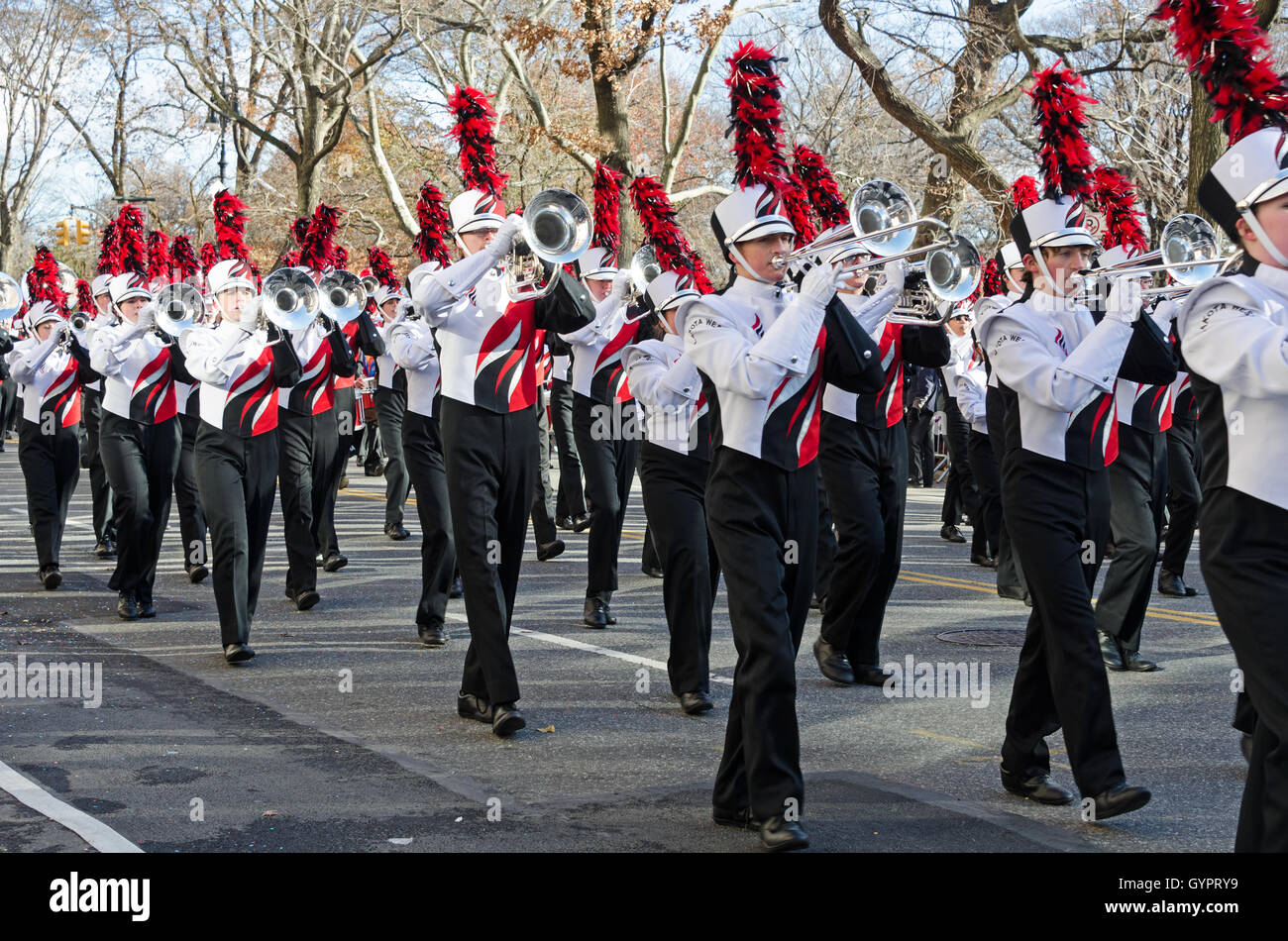 Brass players of the Marching Firebirds of Lakota West in Macy's Thanksgiving Day Parade, New York City. Stock Photo