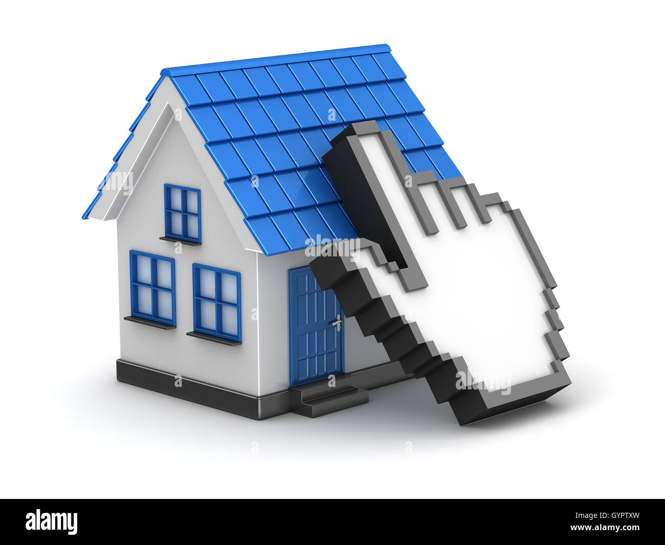 3d blue house and hand cursor , This is a 3d computer generated image. Isolated on white. Stock Photo